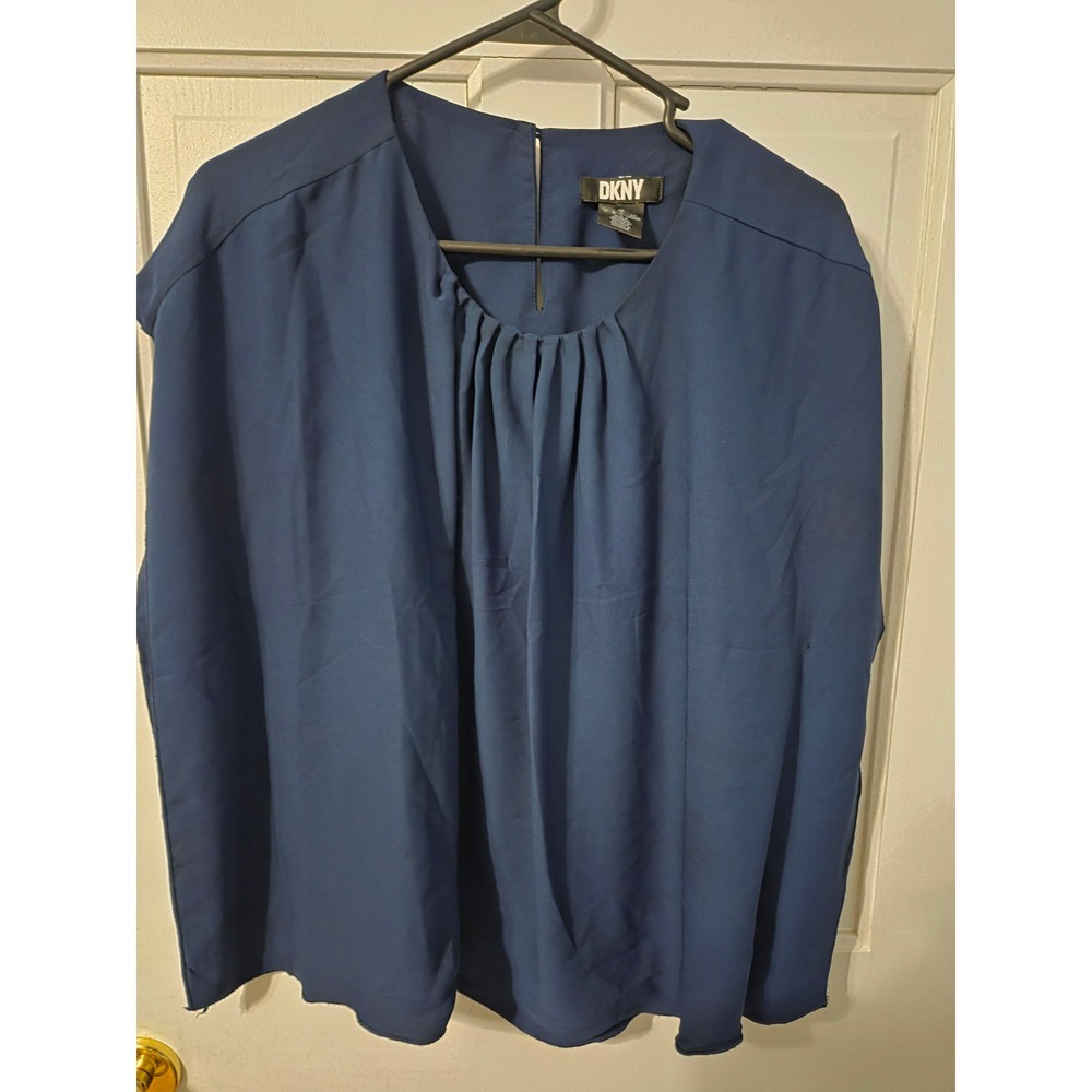 DKNY Pleated Blouse Women XL Navy Blue Corporate Chic Office Wear - Picture 2 of 4